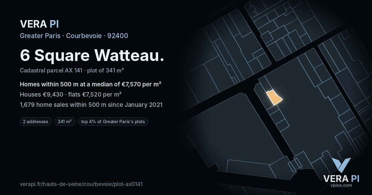6 Square Watteau, Courbevoie at night – the plot lit, the parcels around coloured by the prices near them