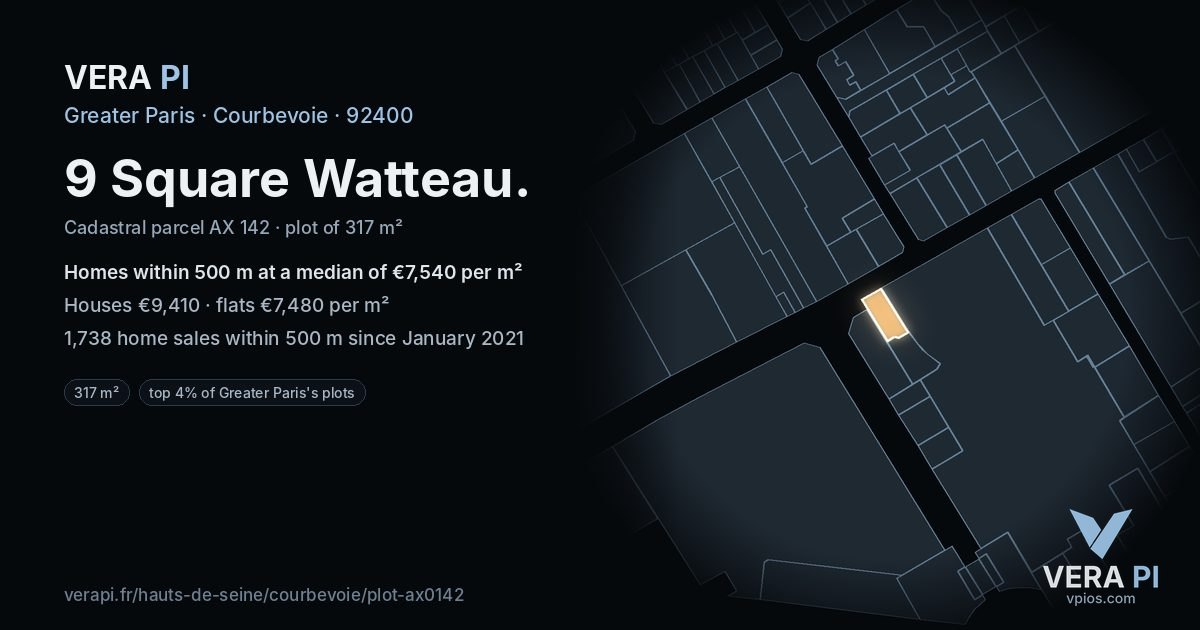 9 Square Watteau, Courbevoie at night – the plot lit, the parcels around coloured by the prices near them