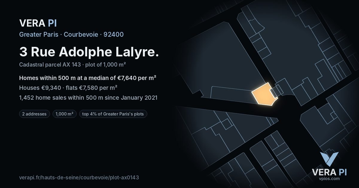 3 Rue Adolphe Lalyre, Courbevoie at night – the plot lit, the parcels around coloured by the prices near them