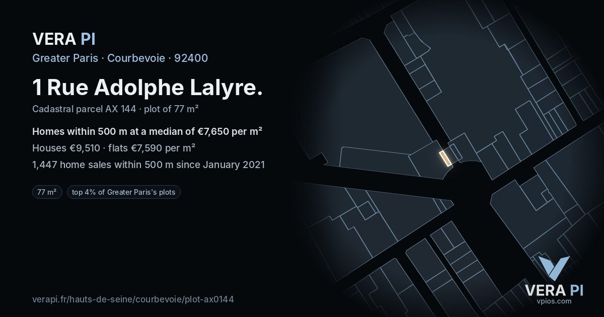 1 Rue Adolphe Lalyre, Courbevoie at night – the plot lit, the parcels around coloured by the prices near them