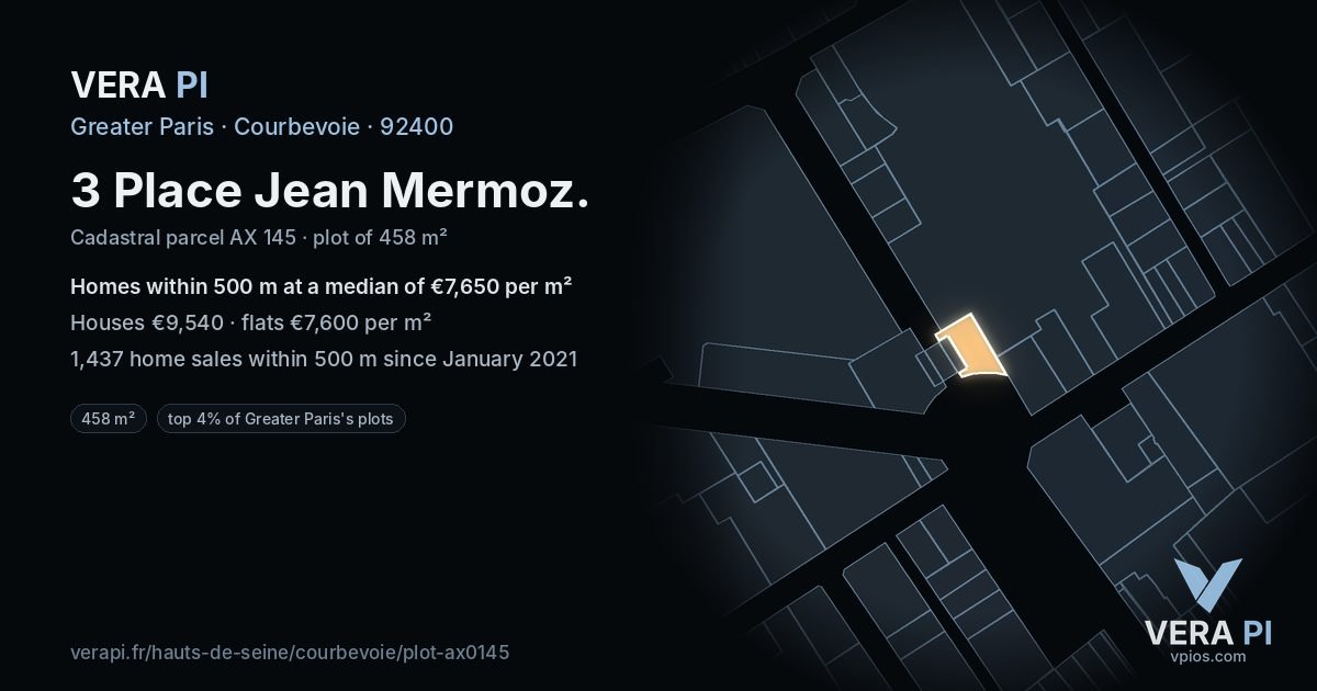 3 Place Jean Mermoz, Courbevoie at night – the plot lit, the parcels around coloured by the prices near them