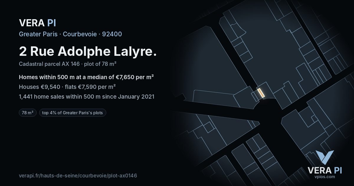 2 Rue Adolphe Lalyre, Courbevoie at night – the plot lit, the parcels around coloured by the prices near them