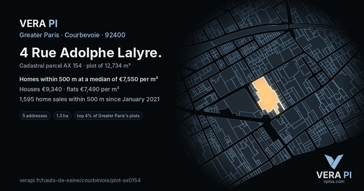 4 Rue Adolphe Lalyre, Courbevoie at night – the plot lit, the parcels around coloured by the prices near them