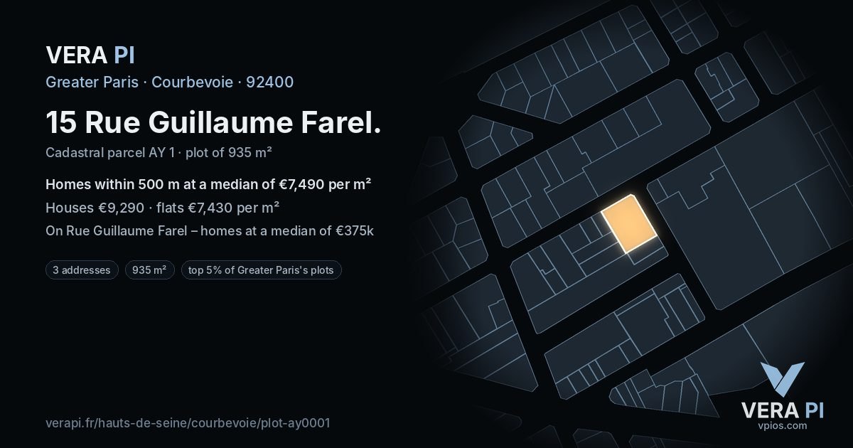15 Rue Guillaume Farel, Courbevoie at night – the plot lit, the parcels around coloured by the prices near them