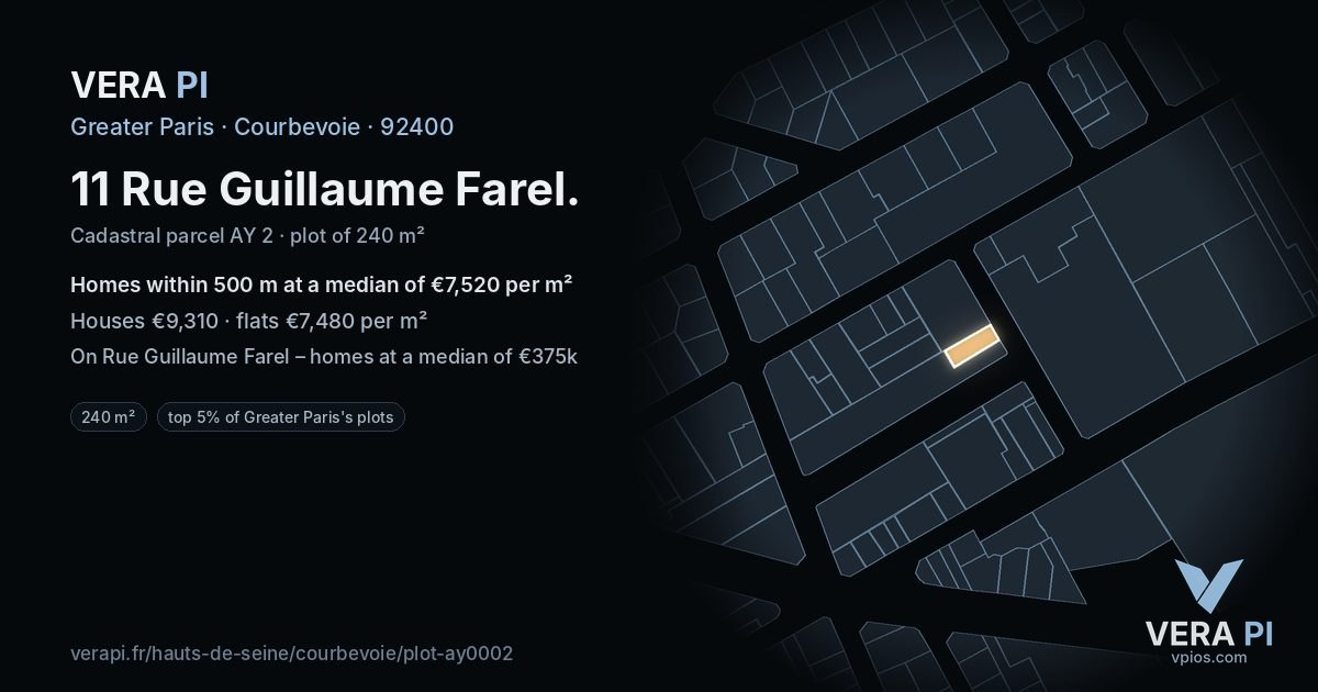 11 Rue Guillaume Farel, Courbevoie at night – the plot lit, the parcels around coloured by the prices near them