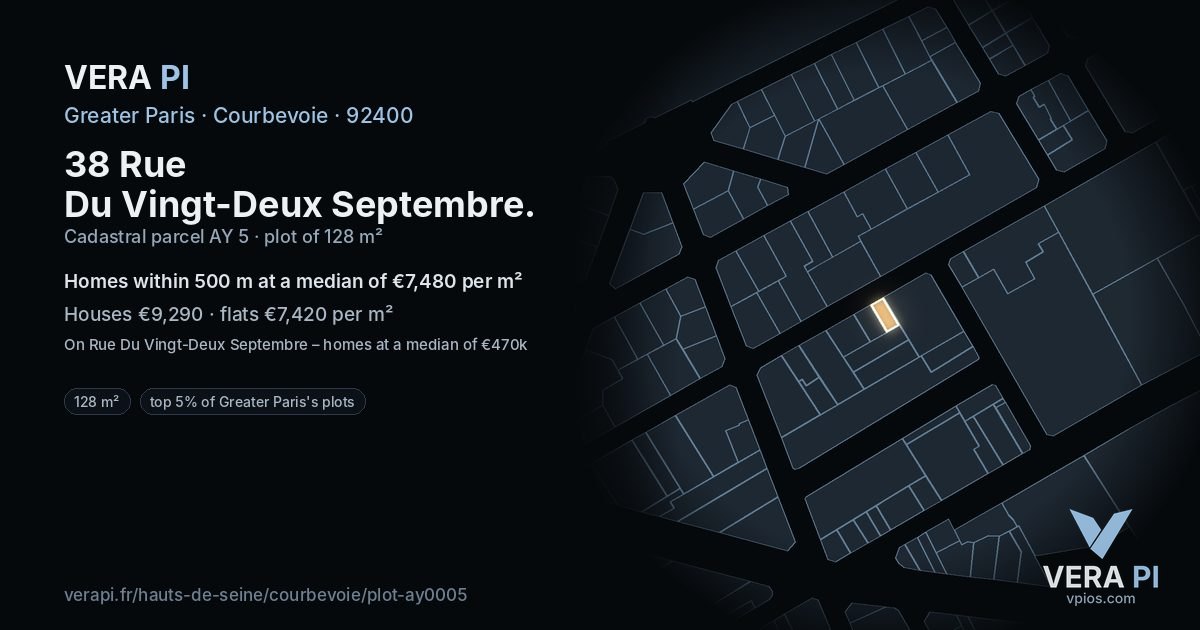 38 Rue Du Vingt-Deux Septembre, Courbevoie at night – the plot lit, the parcels around coloured by the prices near them