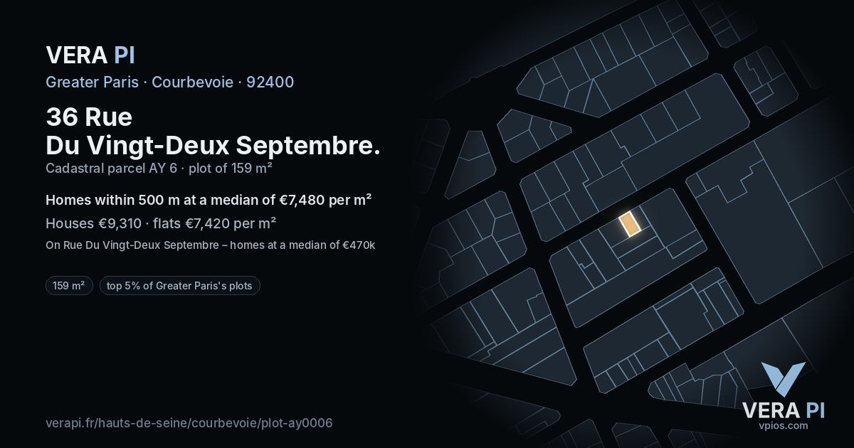 36 Rue Du Vingt-Deux Septembre, Courbevoie at night – the plot lit, the parcels around coloured by the prices near them