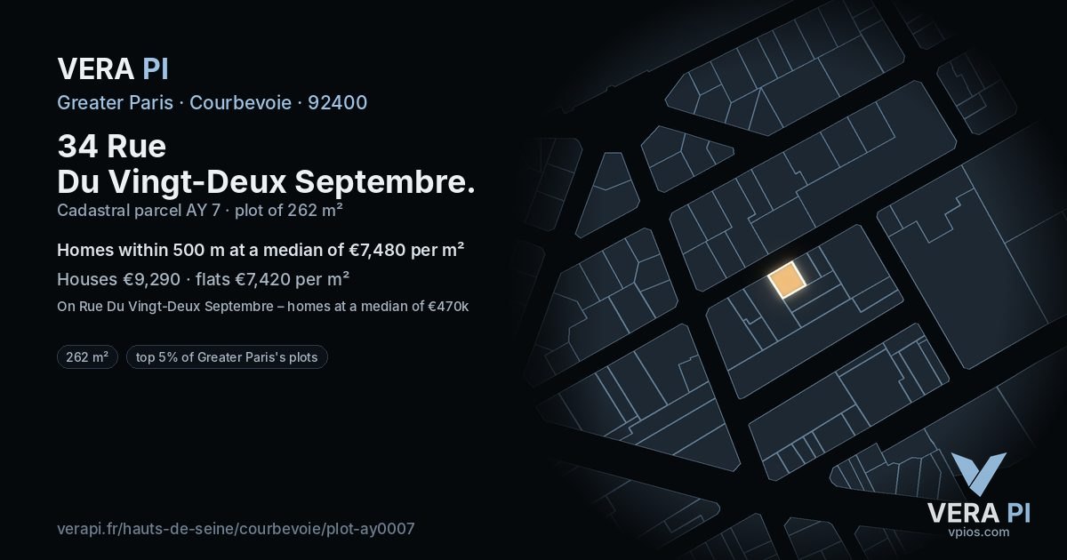 34 Rue Du Vingt-Deux Septembre, Courbevoie at night – the plot lit, the parcels around coloured by the prices near them