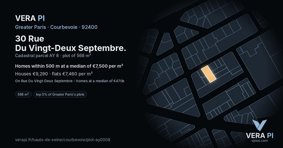 30 Rue Du Vingt-Deux Septembre, Courbevoie at night – the plot lit, the parcels around coloured by the prices near them