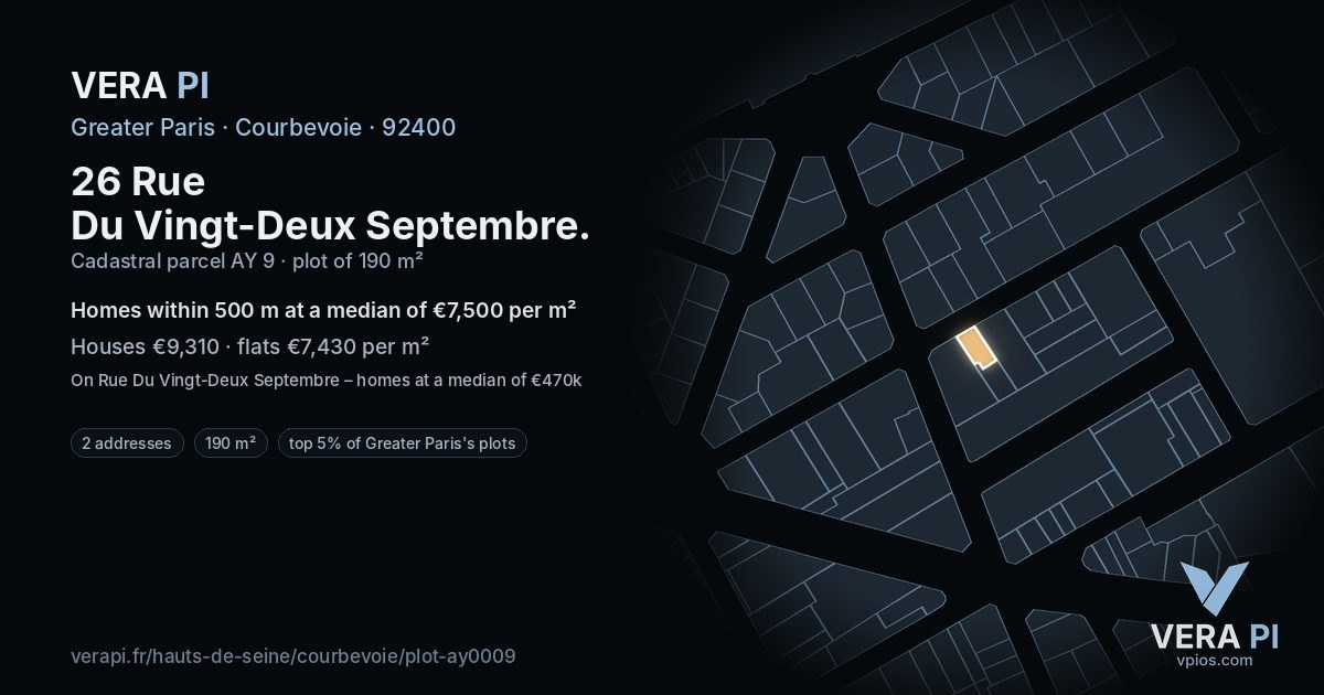 26 Rue Du Vingt-Deux Septembre, Courbevoie at night – the plot lit, the parcels around coloured by the prices near them