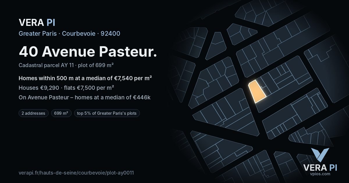 40 Avenue Pasteur, Courbevoie at night – the plot lit, the parcels around coloured by the prices near them