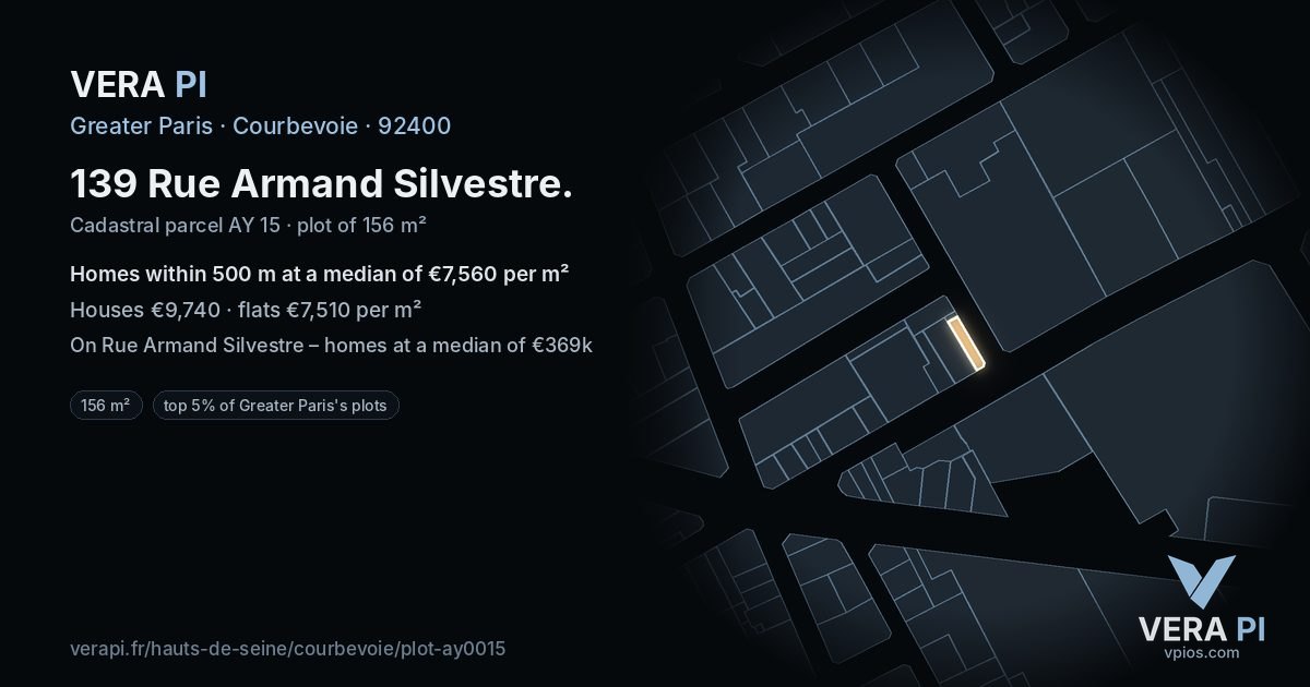139 Rue Armand Silvestre, Courbevoie at night – the plot lit, the parcels around coloured by the prices near them