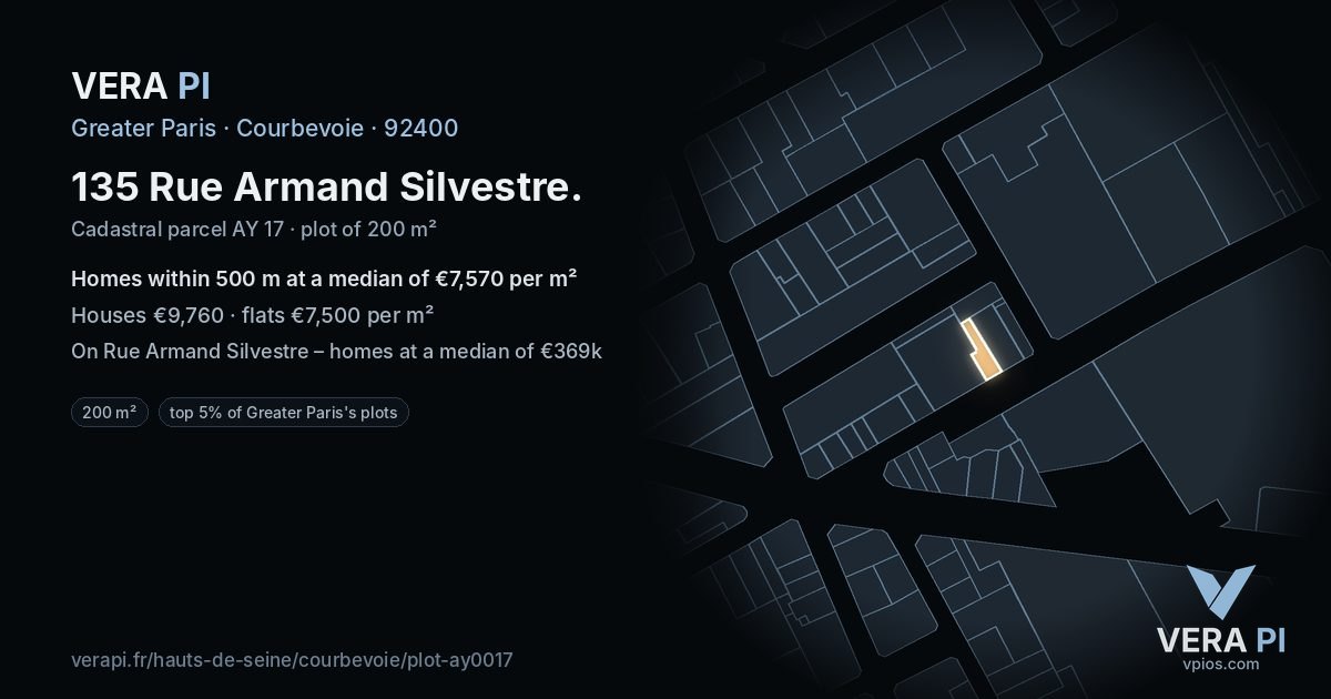 135 Rue Armand Silvestre, Courbevoie at night – the plot lit, the parcels around coloured by the prices near them