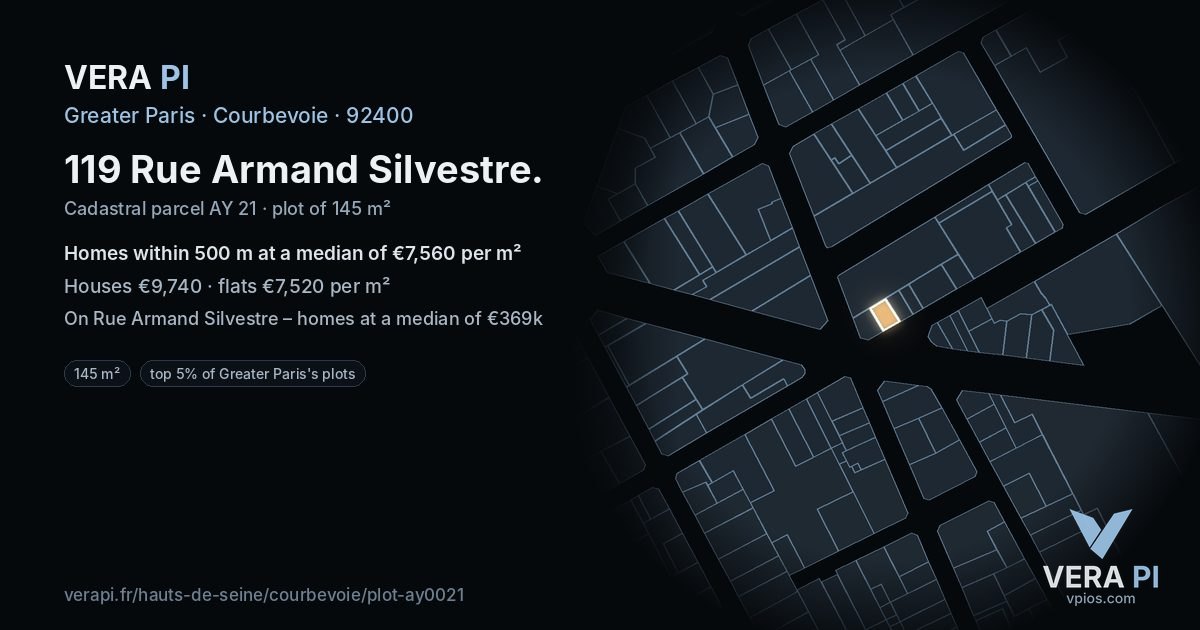 119 Rue Armand Silvestre, Courbevoie at night – the plot lit, the parcels around coloured by the prices near them