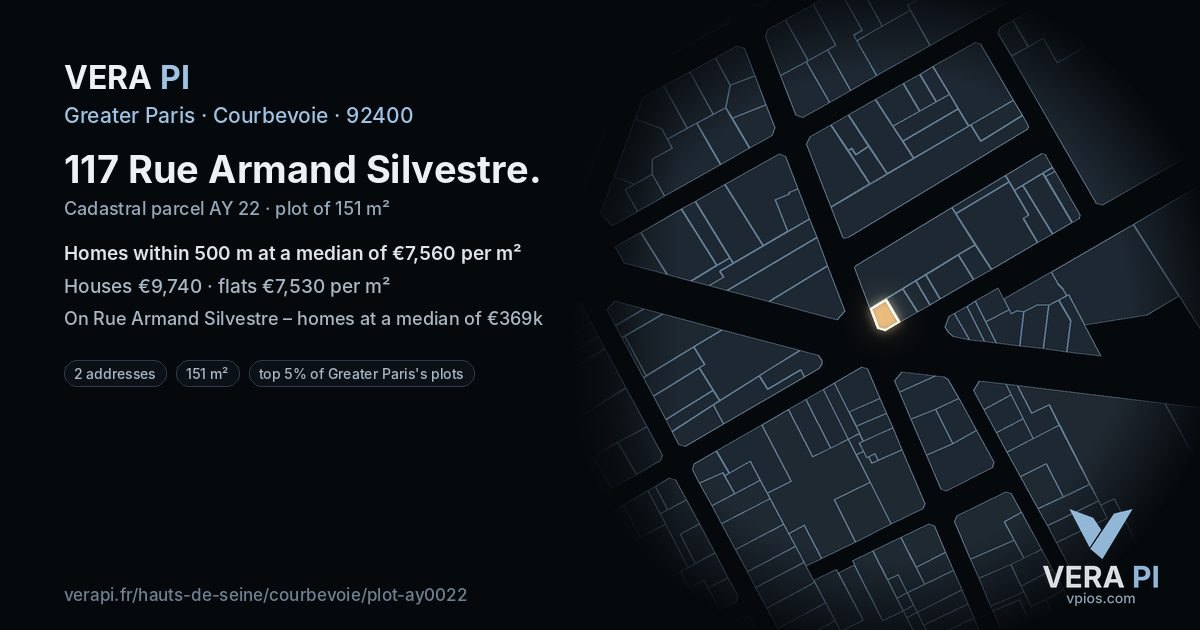 117 Rue Armand Silvestre, Courbevoie at night – the plot lit, the parcels around coloured by the prices near them