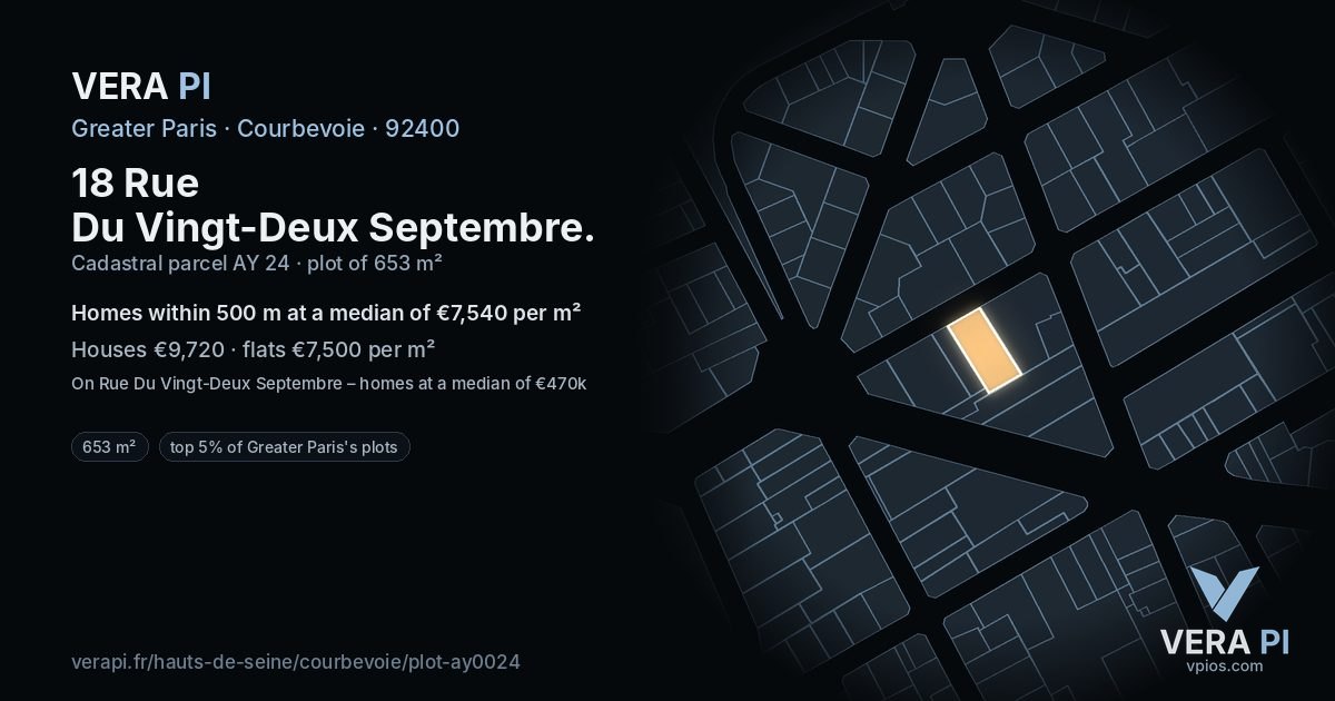18 Rue Du Vingt-Deux Septembre, Courbevoie at night – the plot lit, the parcels around coloured by the prices near them