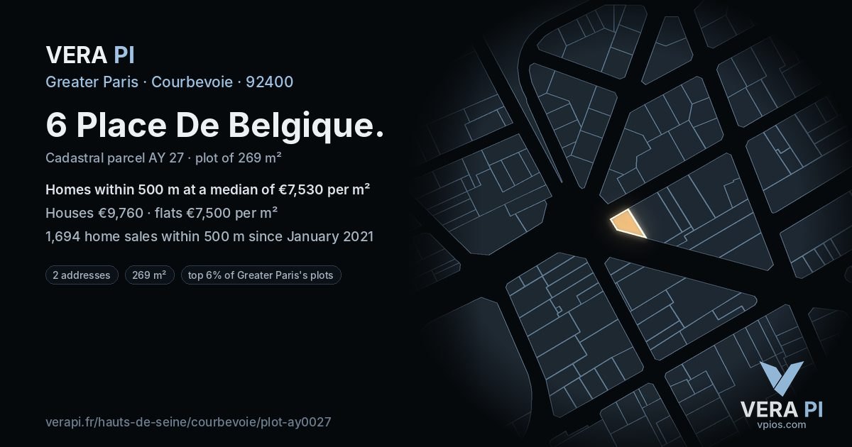 6 Place De Belgique, Courbevoie at night – the plot lit, the parcels around coloured by the prices near them