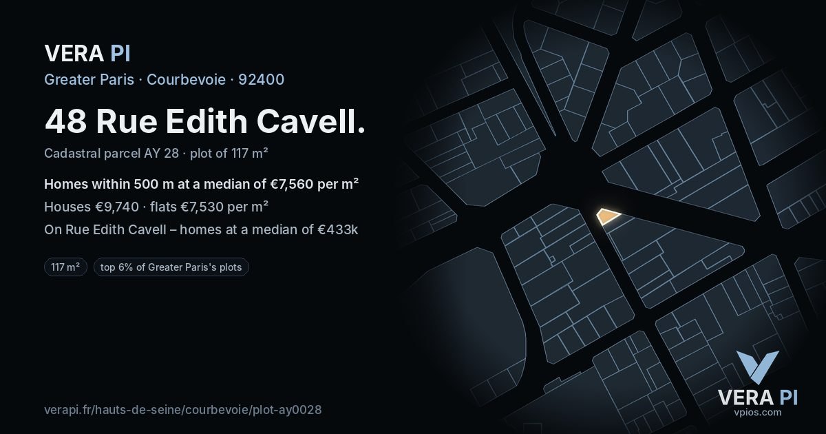 48 Rue Edith Cavell, Courbevoie at night – the plot lit, the parcels around coloured by the prices near them