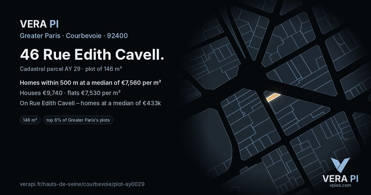 46 Rue Edith Cavell, Courbevoie at night – the plot lit, the parcels around coloured by the prices near them
