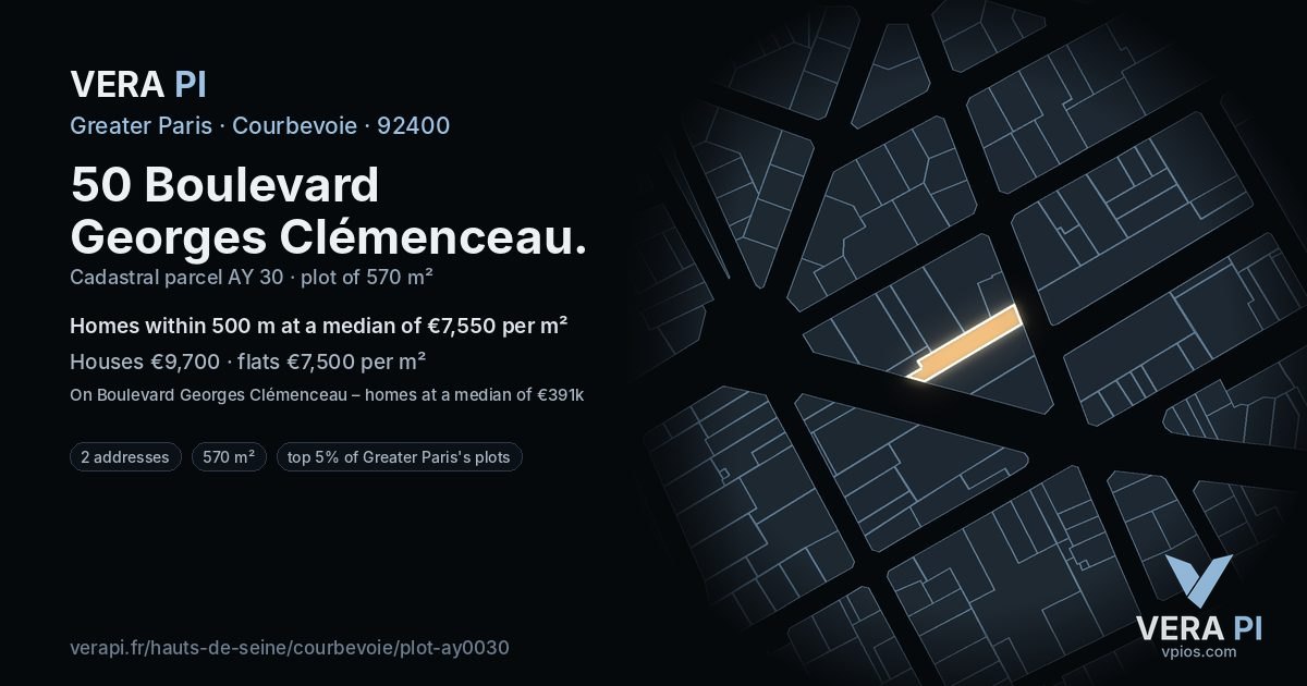 50 Boulevard Georges Clémenceau, Courbevoie at night – the plot lit, the parcels around coloured by the prices near them
