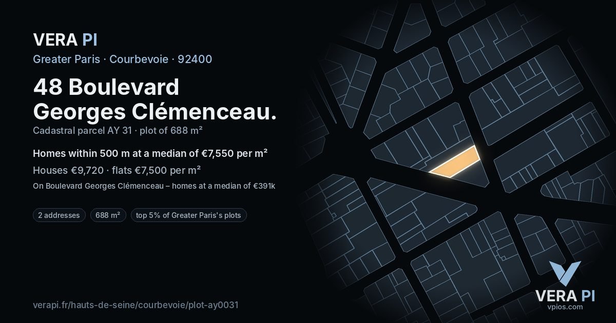 48 Boulevard Georges Clémenceau, Courbevoie at night – the plot lit, the parcels around coloured by the prices near them