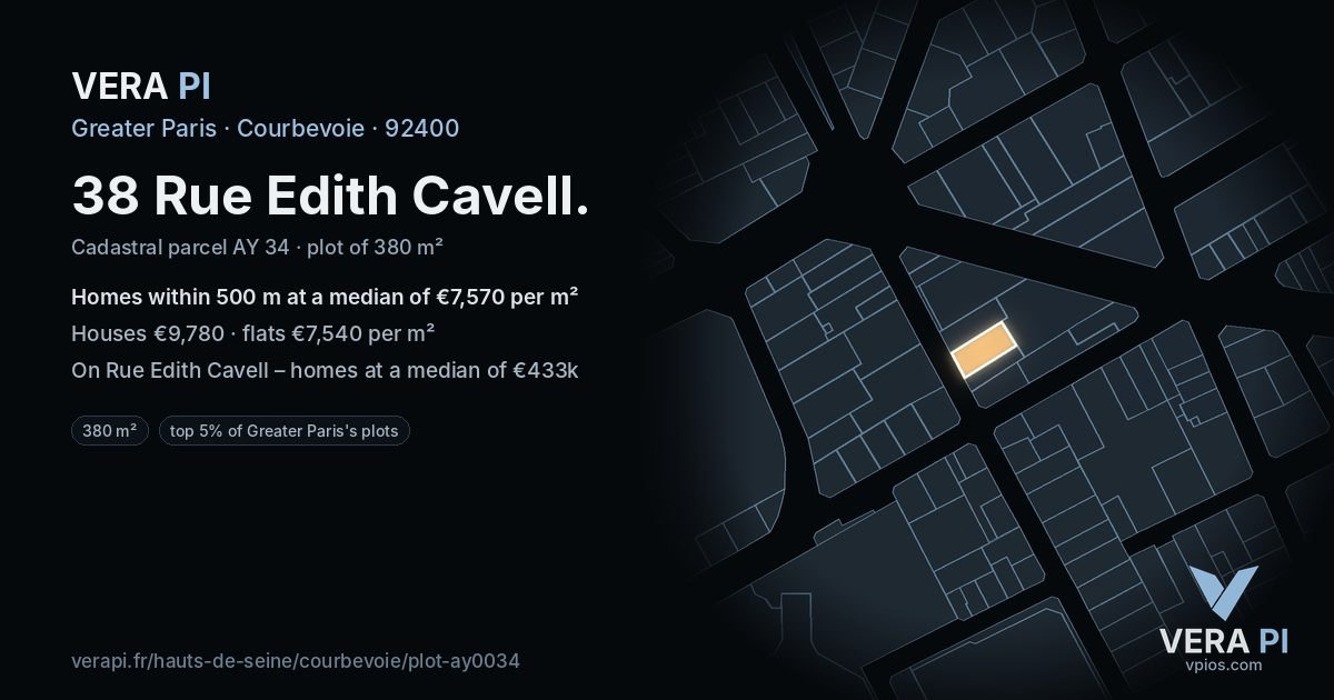 38 Rue Edith Cavell, Courbevoie at night – the plot lit, the parcels around coloured by the prices near them