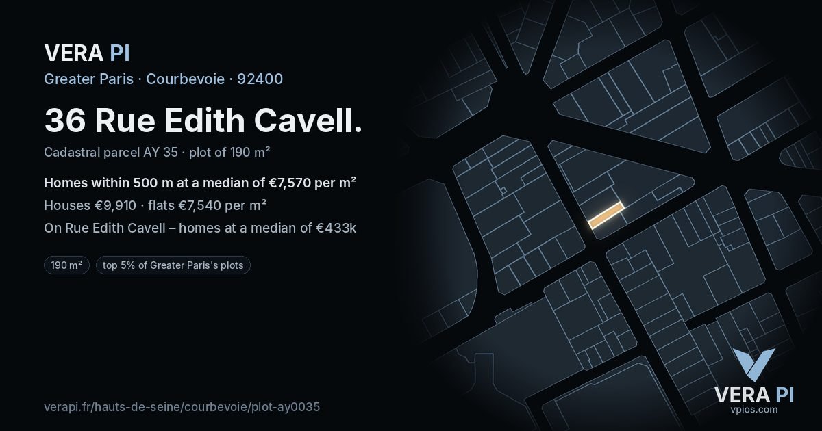 36 Rue Edith Cavell, Courbevoie at night – the plot lit, the parcels around coloured by the prices near them