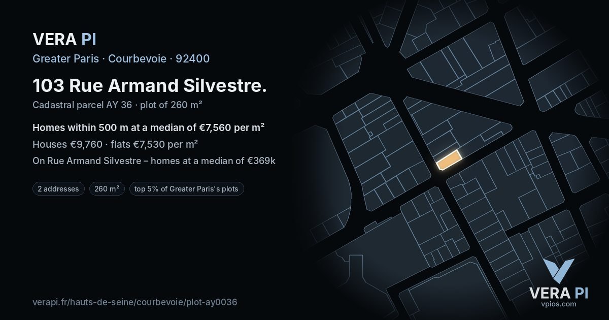 103 Rue Armand Silvestre, Courbevoie at night – the plot lit, the parcels around coloured by the prices near them