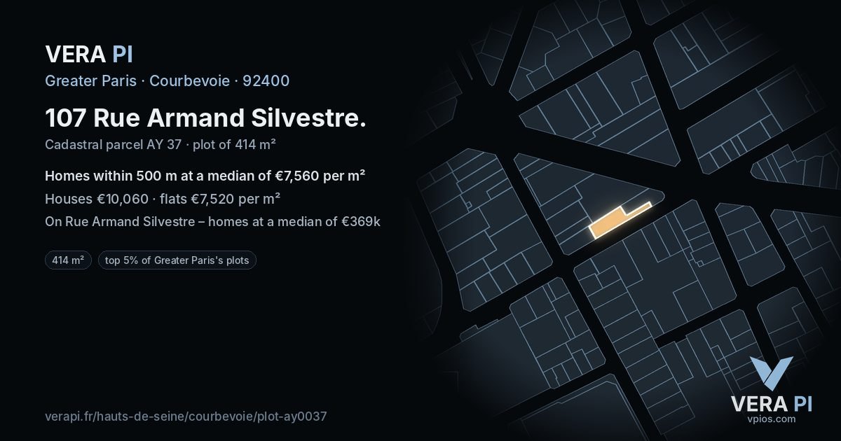 107 Rue Armand Silvestre, Courbevoie at night – the plot lit, the parcels around coloured by the prices near them