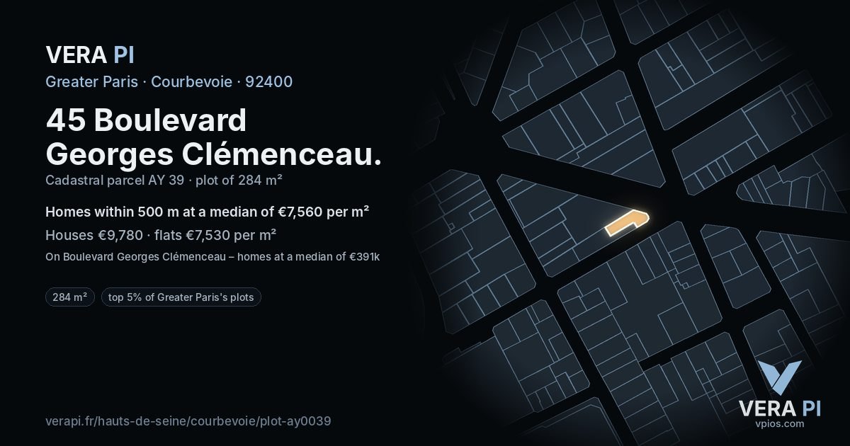 45 Boulevard Georges Clémenceau, Courbevoie at night – the plot lit, the parcels around coloured by the prices near them
