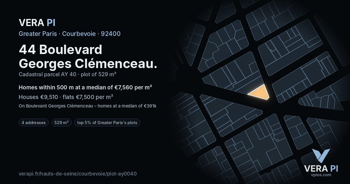 44 Boulevard Georges Clémenceau, Courbevoie at night – the plot lit, the parcels around coloured by the prices near them