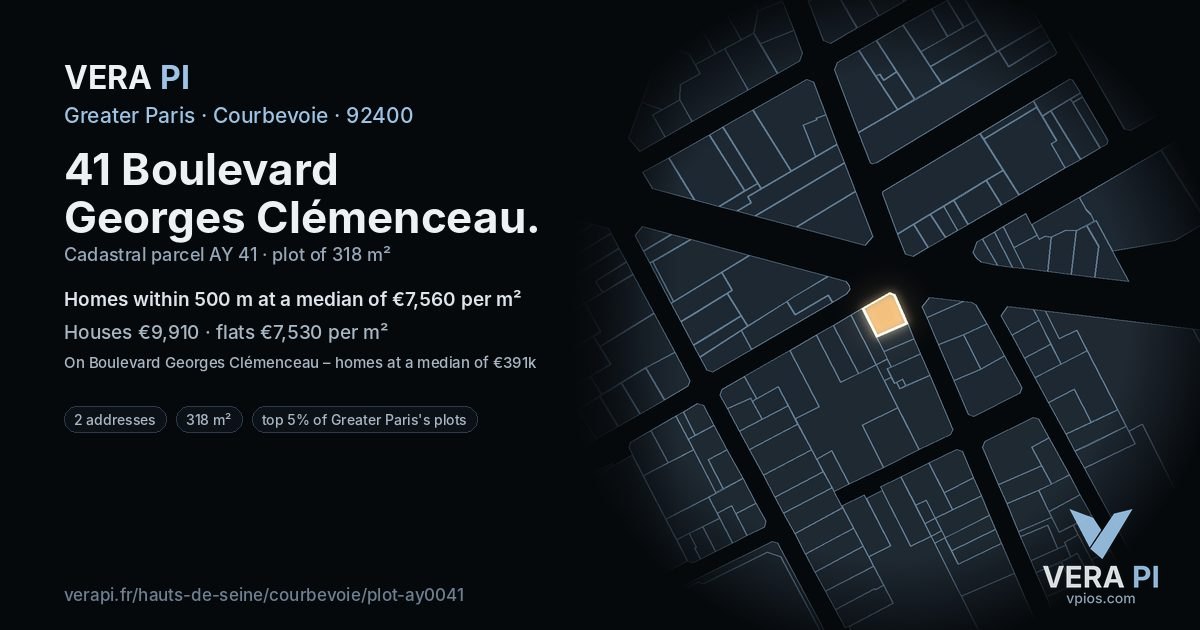 41 Boulevard Georges Clémenceau, Courbevoie at night – the plot lit, the parcels around coloured by the prices near them