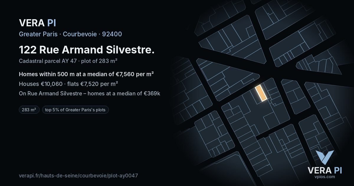 122 Rue Armand Silvestre, Courbevoie at night – the plot lit, the parcels around coloured by the prices near them