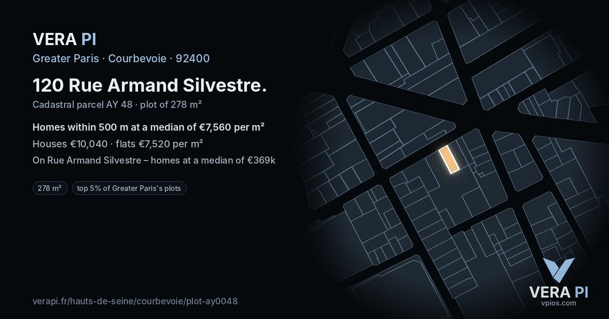 120 Rue Armand Silvestre, Courbevoie at night – the plot lit, the parcels around coloured by the prices near them
