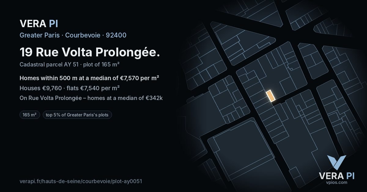 19 Rue Volta Prolongée, Courbevoie at night – the plot lit, the parcels around coloured by the prices near them