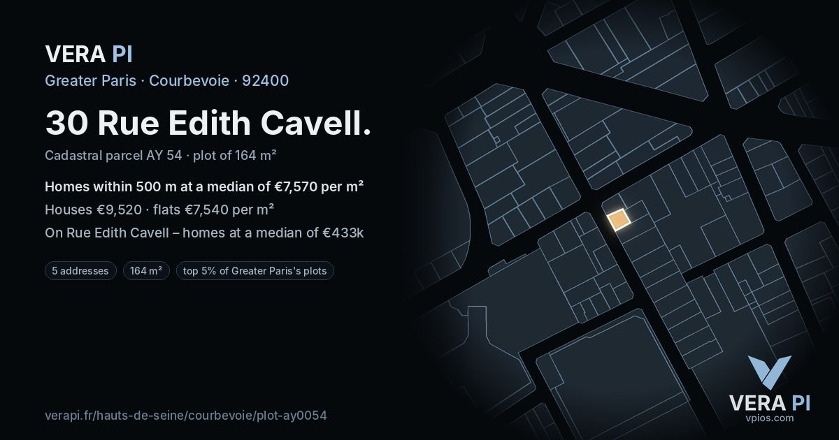 30 Rue Edith Cavell, Courbevoie at night – the plot lit, the parcels around coloured by the prices near them