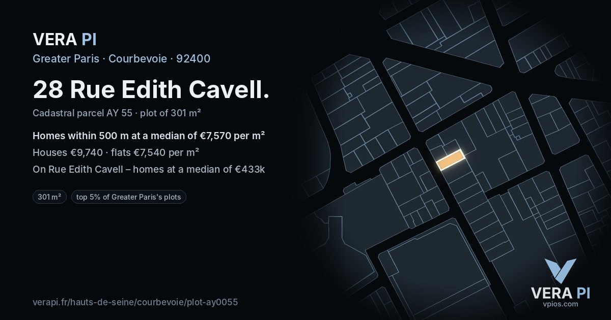 28 Rue Edith Cavell, Courbevoie at night – the plot lit, the parcels around coloured by the prices near them