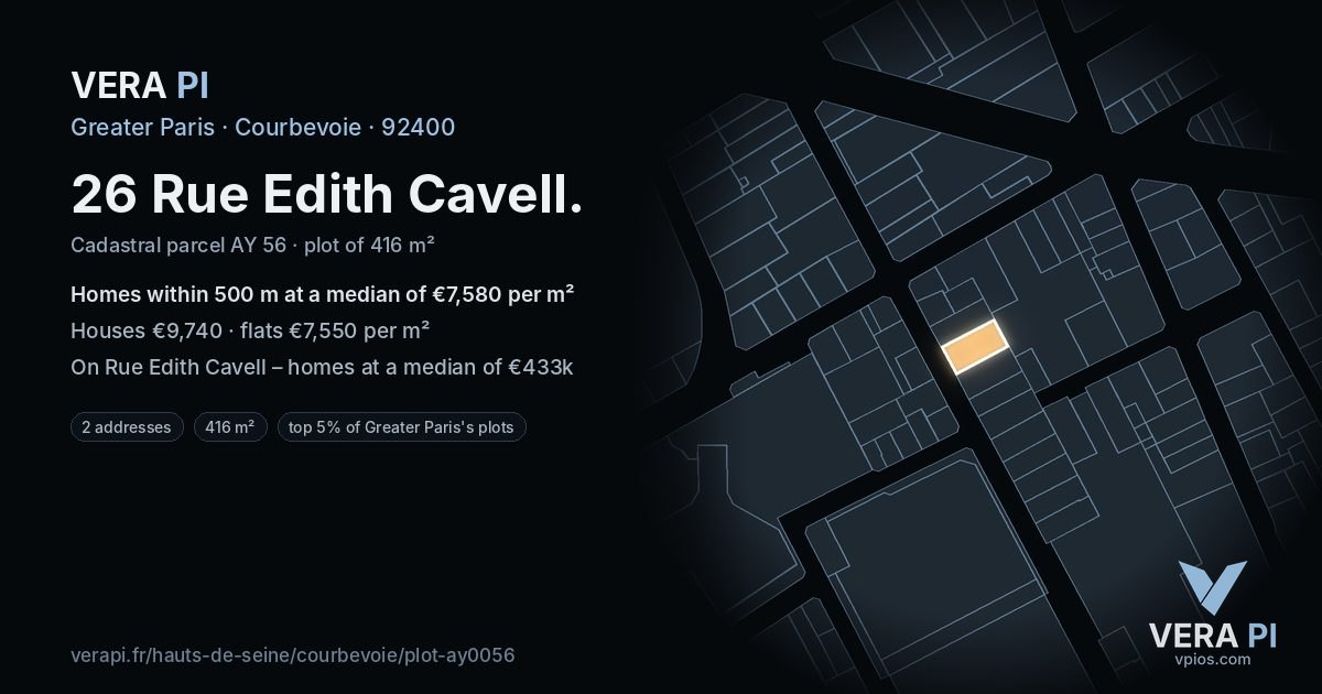 26 Rue Edith Cavell, Courbevoie at night – the plot lit, the parcels around coloured by the prices near them