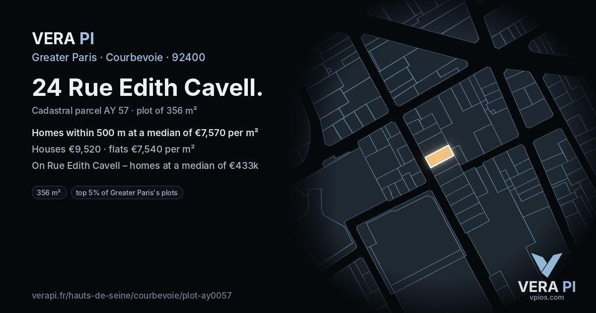 24 Rue Edith Cavell, Courbevoie at night – the plot lit, the parcels around coloured by the prices near them