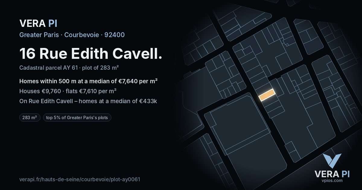 16 Rue Edith Cavell, Courbevoie at night – the plot lit, the parcels around coloured by the prices near them