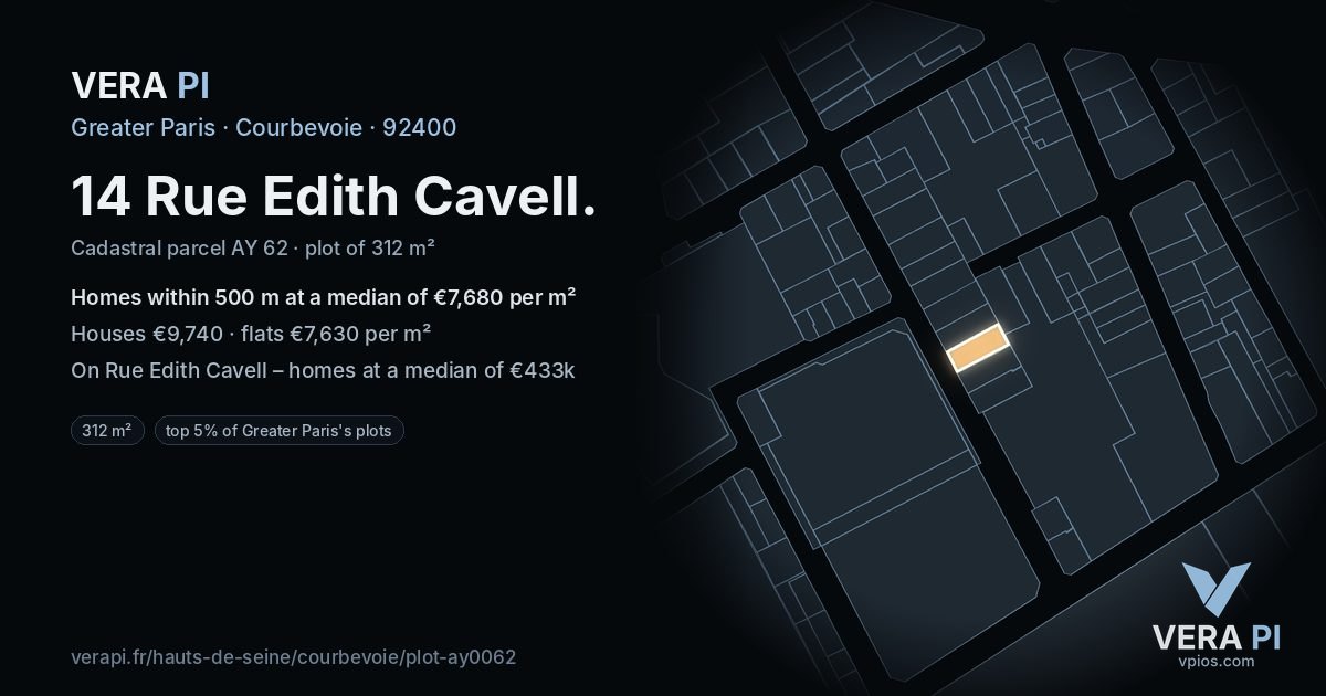 14 Rue Edith Cavell, Courbevoie at night – the plot lit, the parcels around coloured by the prices near them