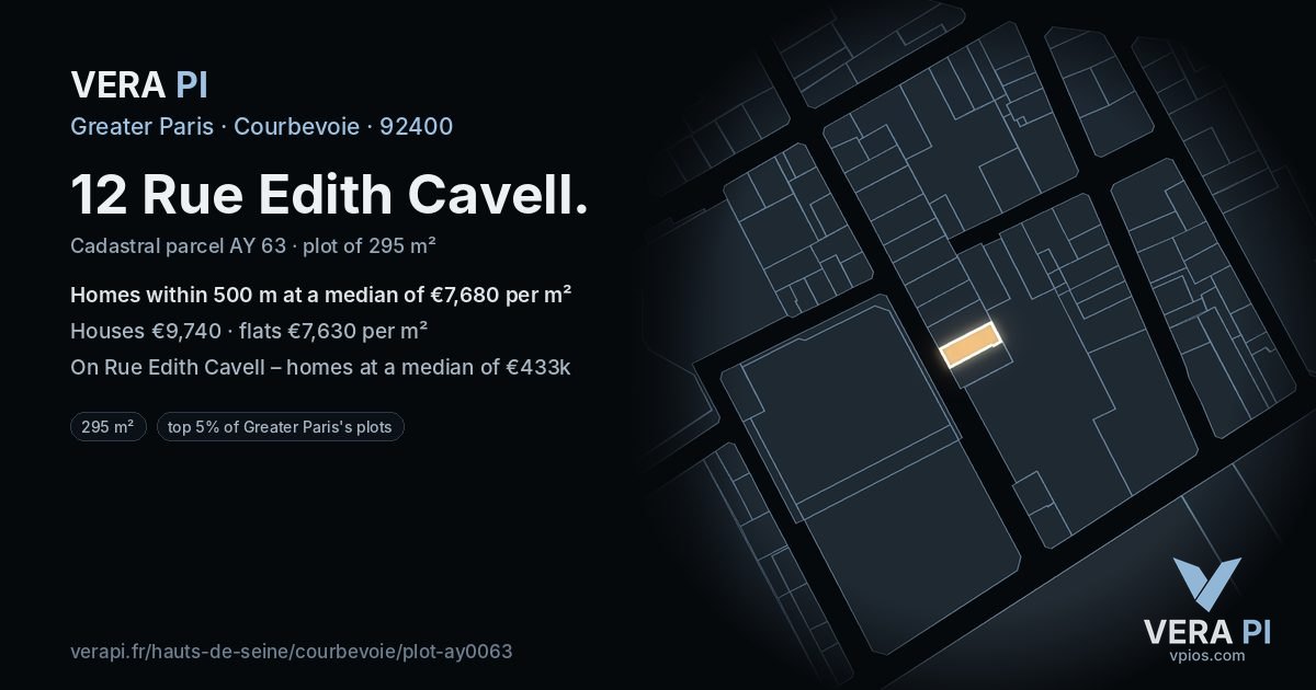12 Rue Edith Cavell, Courbevoie at night – the plot lit, the parcels around coloured by the prices near them