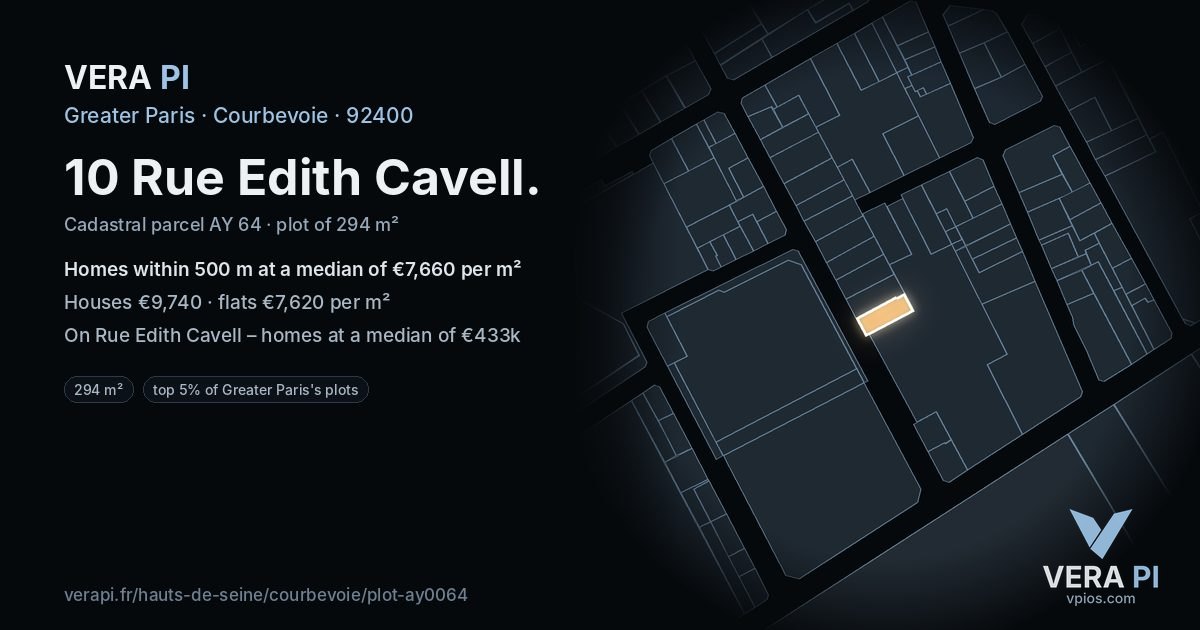 10 Rue Edith Cavell, Courbevoie at night – the plot lit, the parcels around coloured by the prices near them
