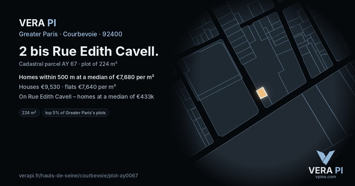 2 bis Rue Edith Cavell, Courbevoie at night – the plot lit, the parcels around coloured by the prices near them