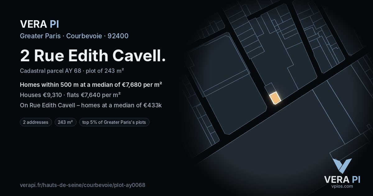 2 Rue Edith Cavell, Courbevoie at night – the plot lit, the parcels around coloured by the prices near them