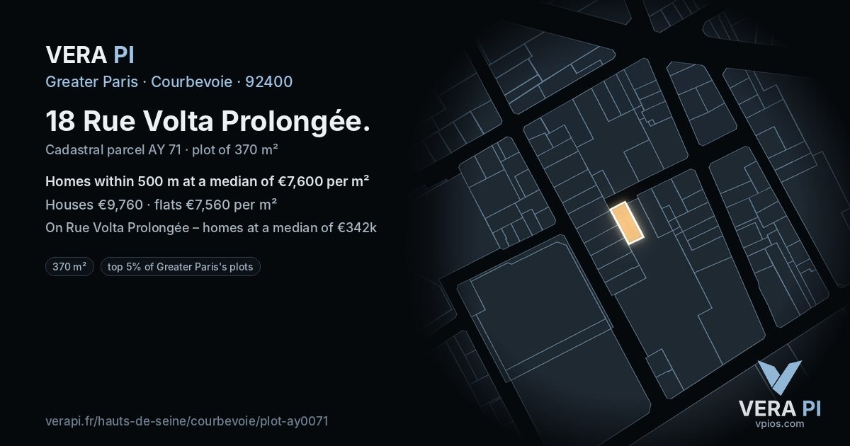 18 Rue Volta Prolongée, Courbevoie at night – the plot lit, the parcels around coloured by the prices near them