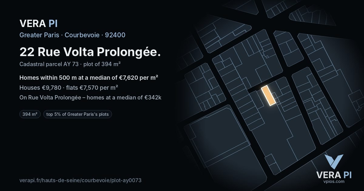 22 Rue Volta Prolongée, Courbevoie at night – the plot lit, the parcels around coloured by the prices near them