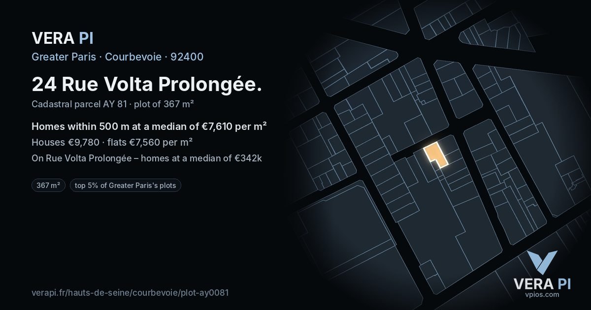 24 Rue Volta Prolongée, Courbevoie at night – the plot lit, the parcels around coloured by the prices near them