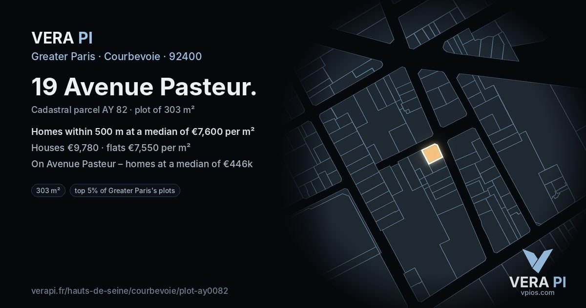 19 Avenue Pasteur, Courbevoie at night – the plot lit, the parcels around coloured by the prices near them