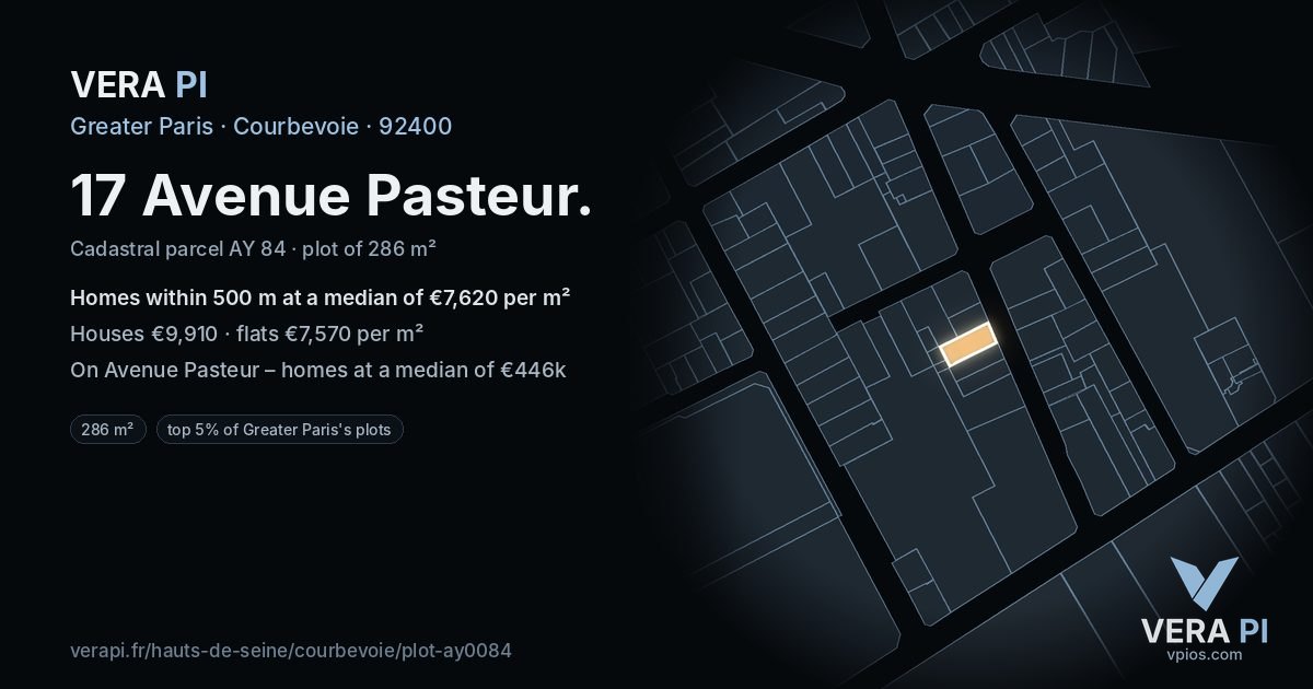 17 Avenue Pasteur, Courbevoie at night – the plot lit, the parcels around coloured by the prices near them